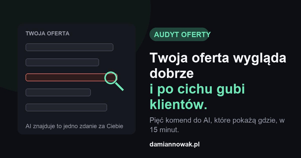 Makieta oferty z jednym zdaniem na czerwono i lupą, hasło: Twoja oferta gubi klientów