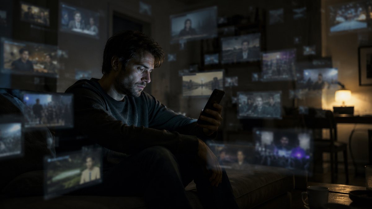 Mężczyzna na kanapie w ciemnym pokoju patrzy w telefon, wokół niego unoszą się ekrany z twarzami i tłumami - pełny ekran zamiast pustki