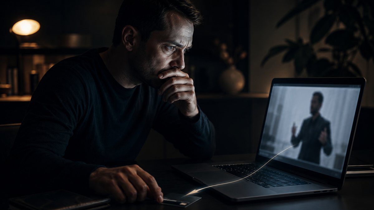 Zaniepokojony mężczyzna w ciemności patrzy na laptop z mówcą, w dłoni trzyma kartę płatniczą - zakup podjęty pod presją i wstydem