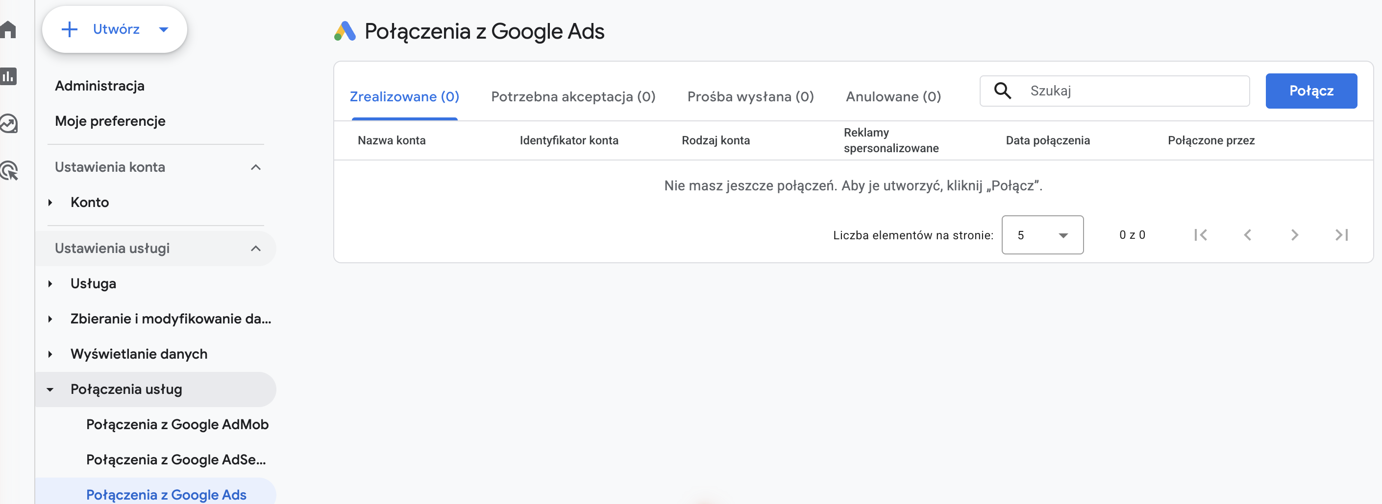 Ekran Połączenia z Google Ads w Google Analytics 4. W menu po lewej: Połączenia usług, po prawej przycisk Połącz.