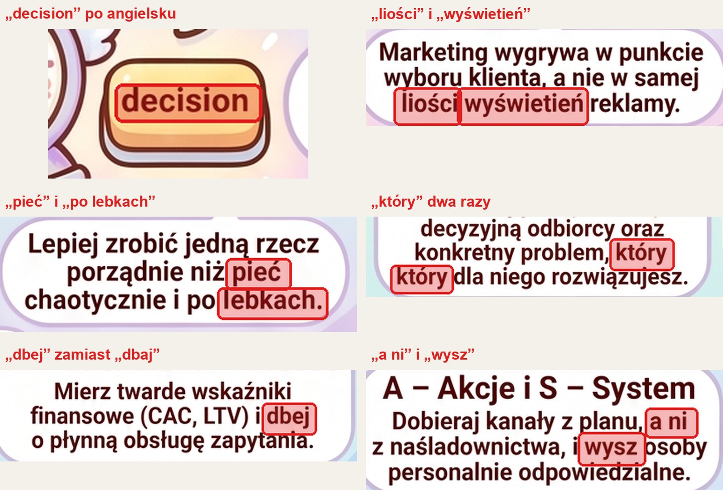 Sześć wycinków z infografiki z zakreślonymi błędami: decision po angielsku, liości i wyświetień, pieć i po lebkach, dwa razy który, dbej zamiast dbaj, a ni i wysz