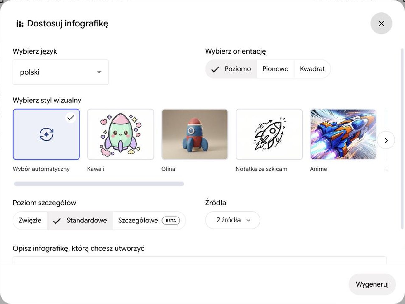 Okno Dostosuj infografikę: wybór języka polskiego, orientacji poziomo, pionowo albo kwadrat, kafelki stylów Wybór automatyczny, Kawaii, Glina, Notatka ze szkicami i Anime oraz poziom szczegółów
