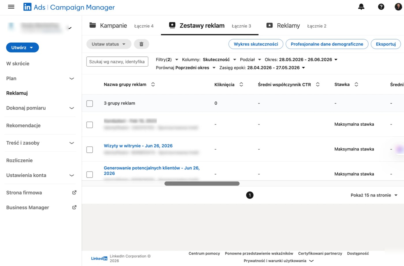 Główny widok LinkedIn Campaign Managera z zakładkami Kampanie, Zestawy reklam i Reklamy