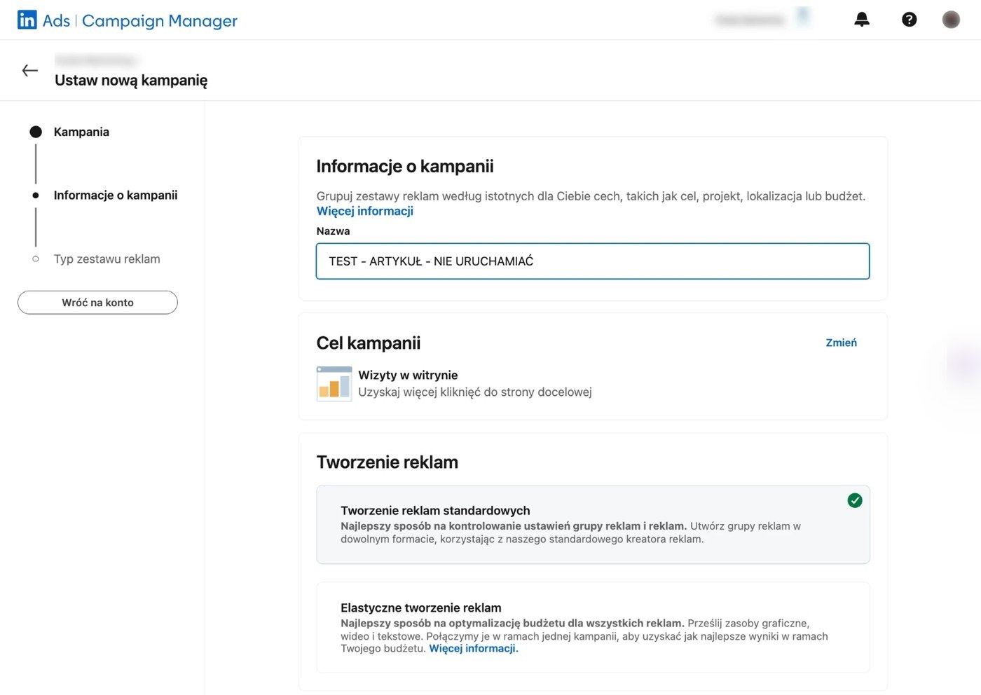 Górna część ekranu nowej kampanii LinkedIn Ads: nazwa kampanii i cel reklamowy