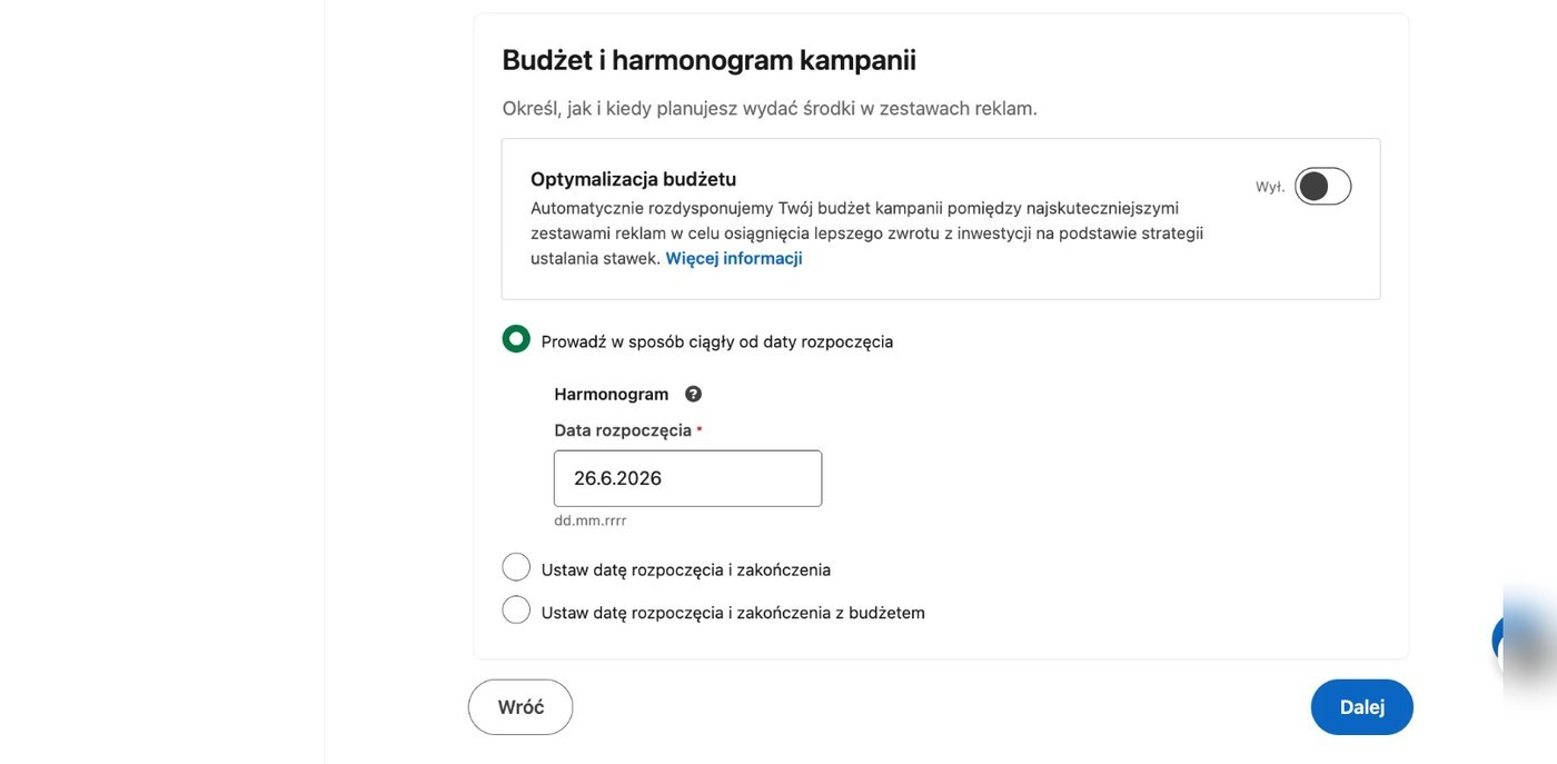 Dolna część ekranu nowej kampanii LinkedIn Ads: sposób tworzenia reklam i budżet