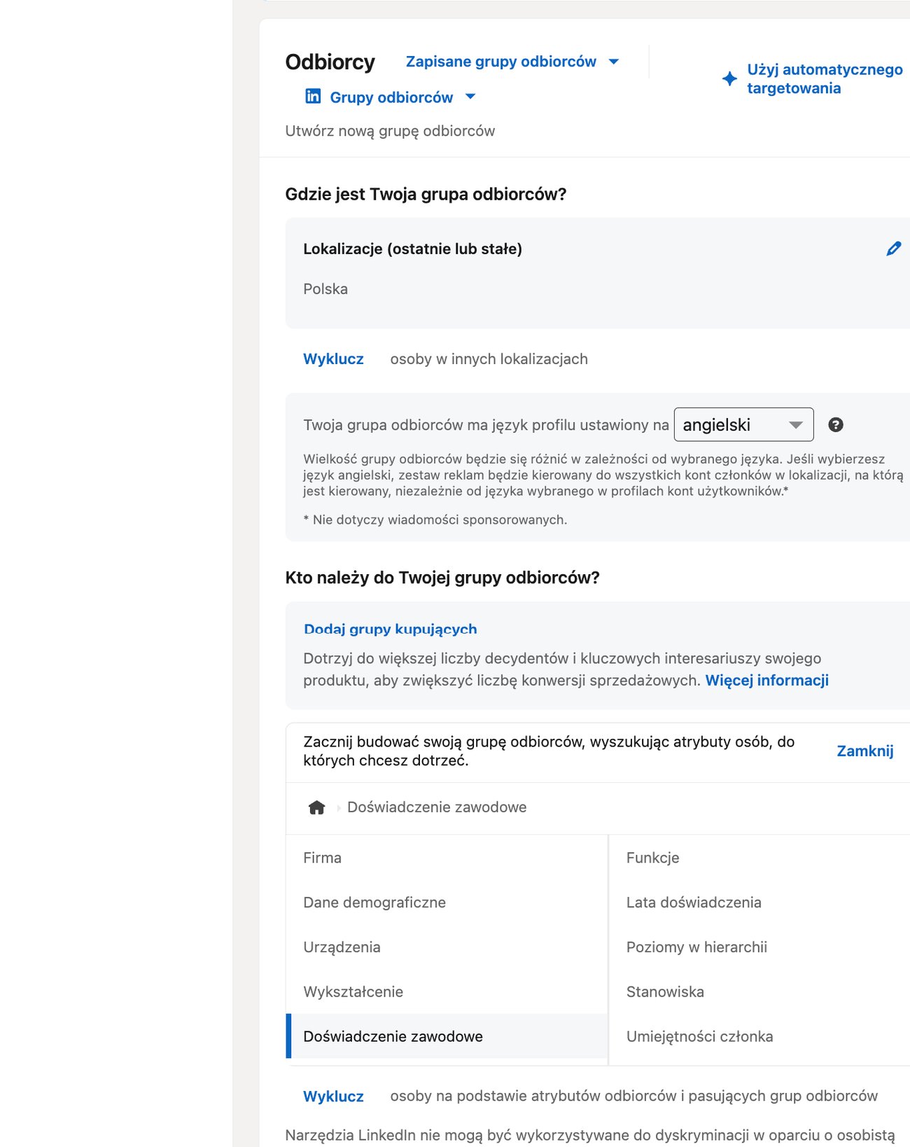Sekcja odbiorców w LinkedIn Ads z lokalizacją, językiem, atrybutami odbiorców i opcją rozszerzania grupy