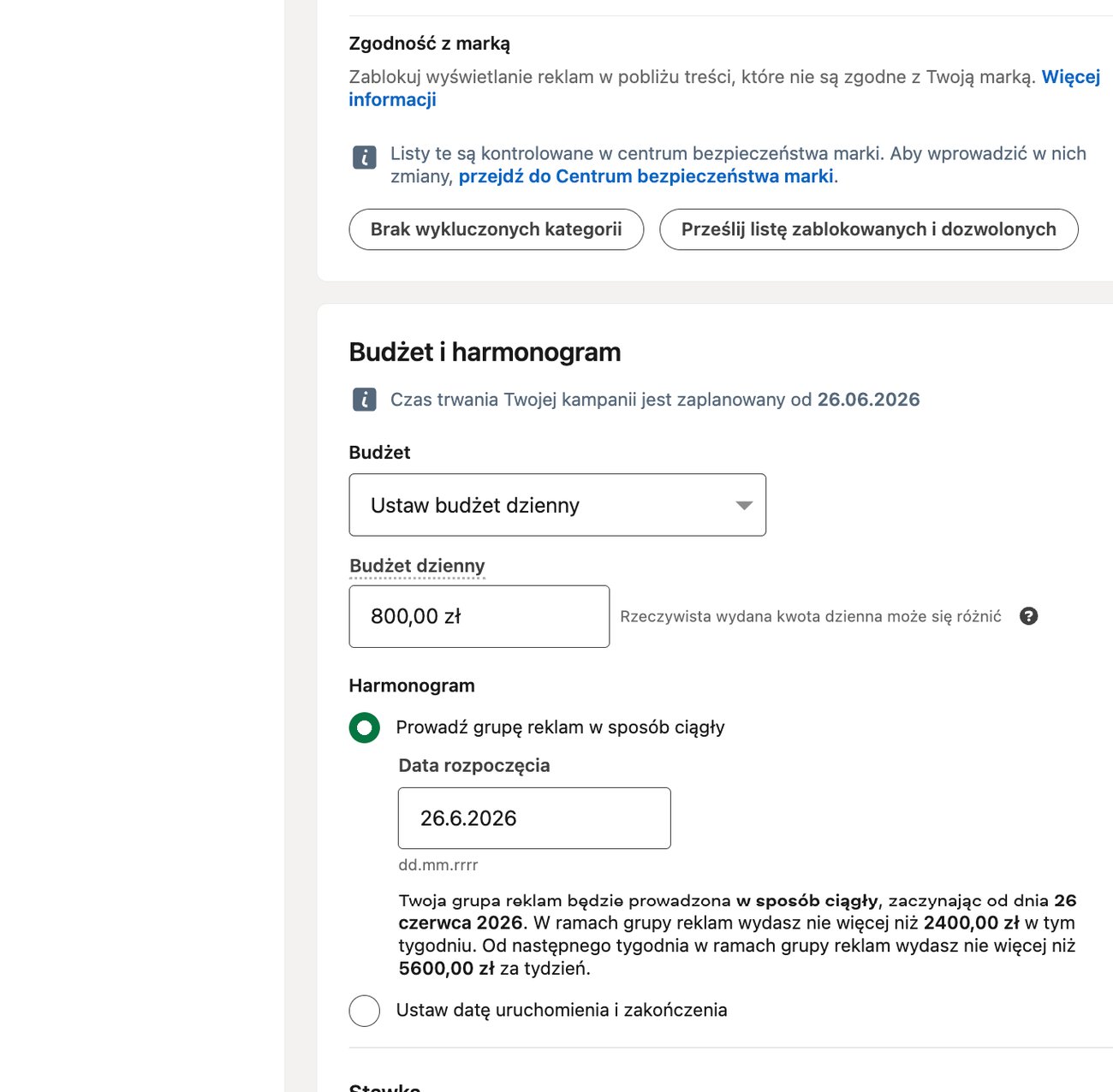 Sekcja budżetu, harmonogramu, stawki i śledzenia konwersji w zestawie reklam LinkedIn Ads