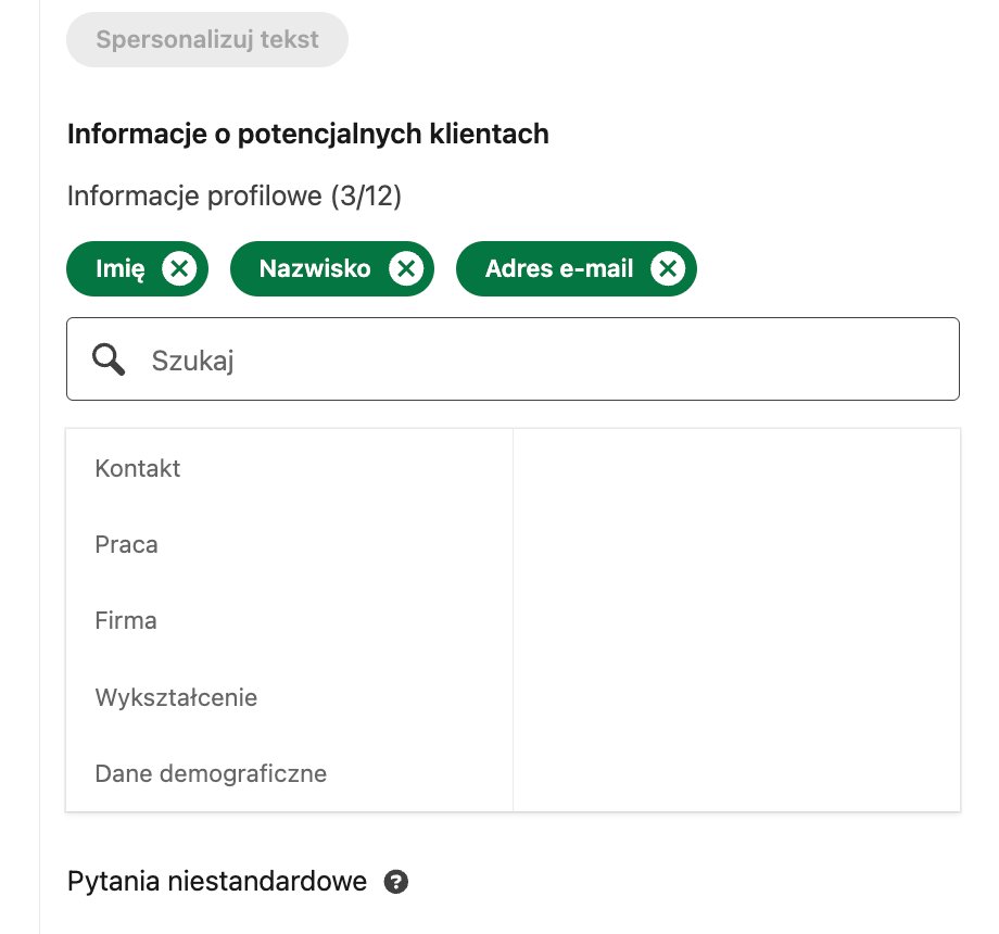 Część formularza Lead Gen na LinkedIn: ustawienia prywatności danych