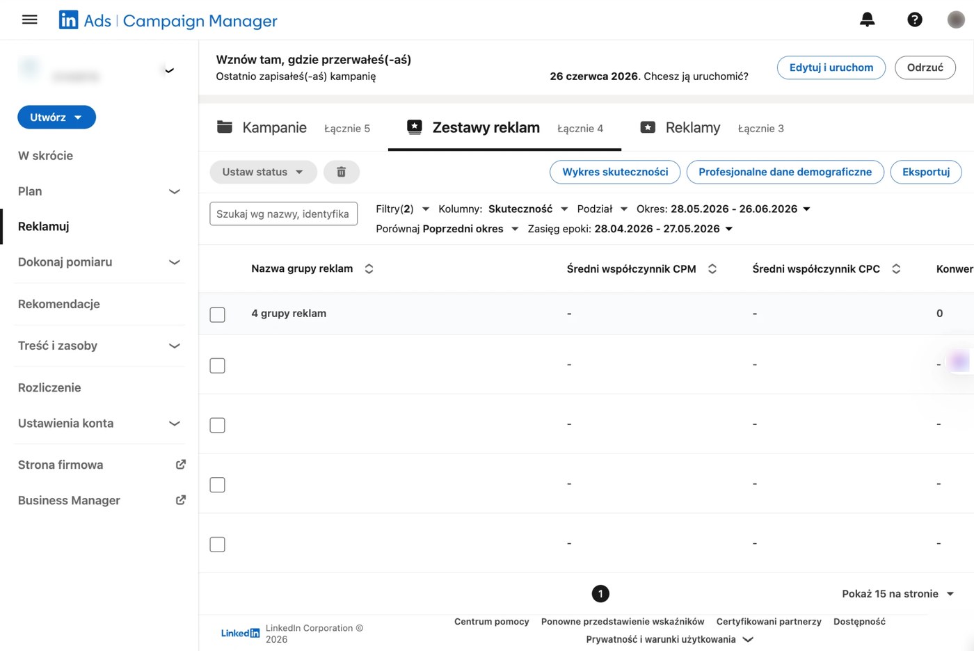 Panel wyników LinkedIn Campaign Managera z kolumnami raportowania, filtrami, zakresem dat i eksportem