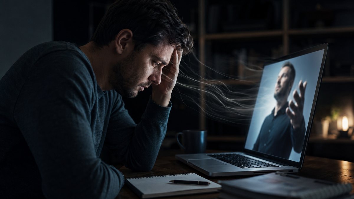 Zmęczony mężczyzna trzyma głowę w dłoniach przed laptopem, na ekranie pewny siebie mówca - poczucie bycia mniejszym pod presją webinaru