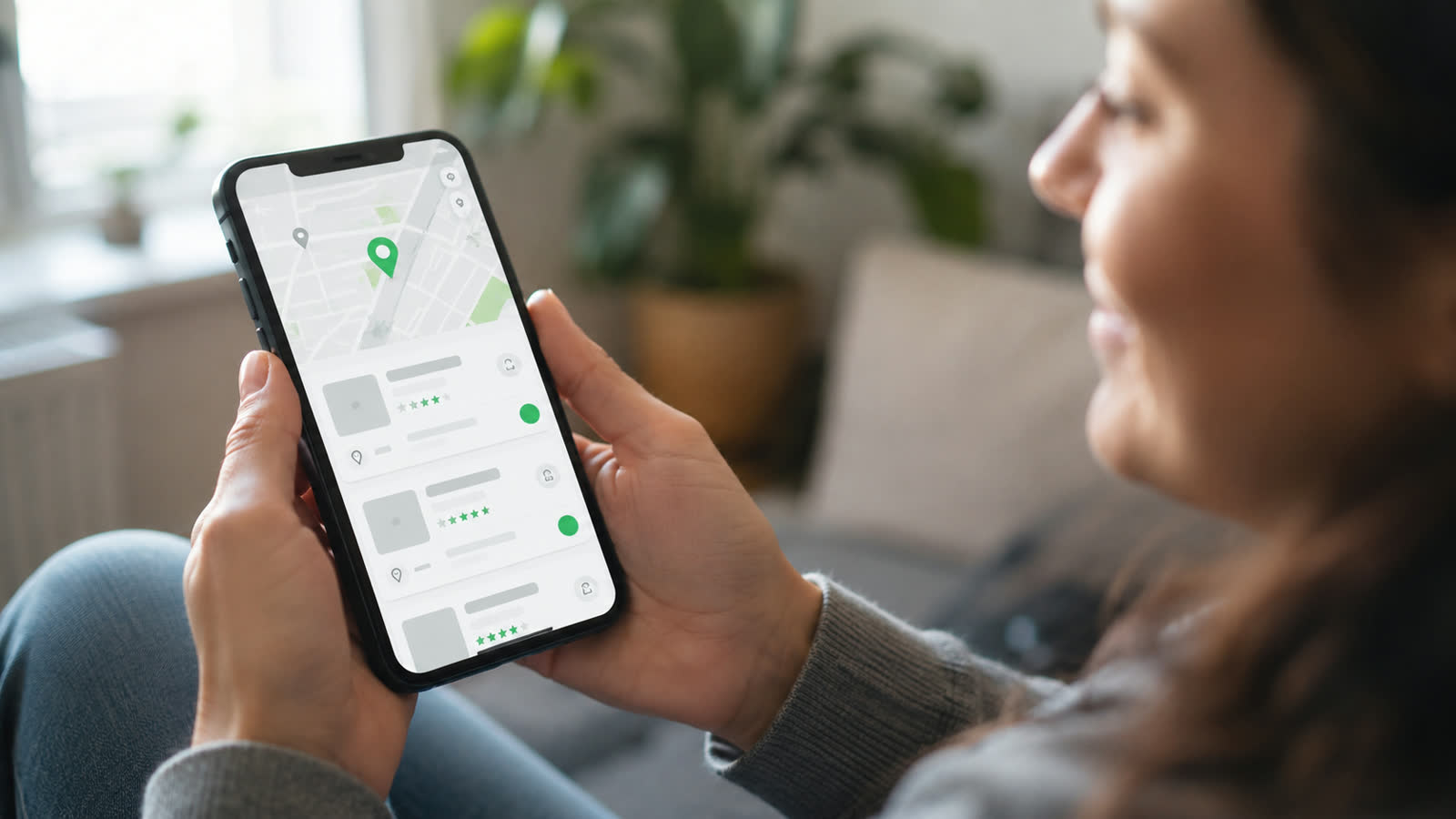 Kobieta na kanapie przegląda w telefonie mapę z opiniami i ocenami firm - platforma pokazuje jej to, czego naprawdę szuka