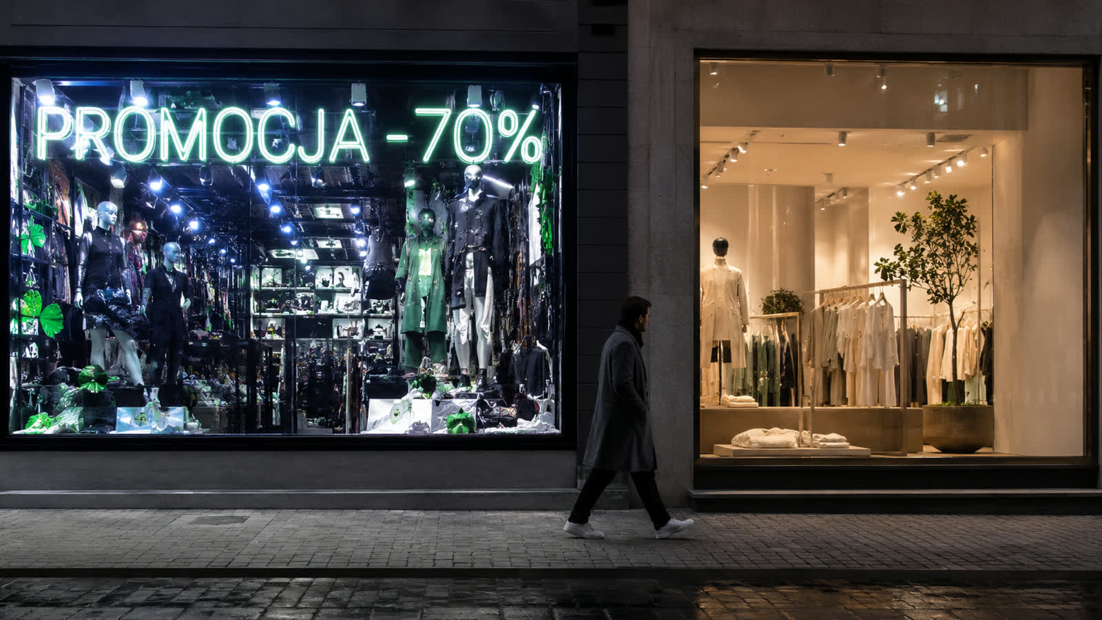Nocna ulica: krzykliwa witryna PROMOCJA -70% obok spokojnego eleganckiego butiku - przechodzień idzie w stronę spokojnego