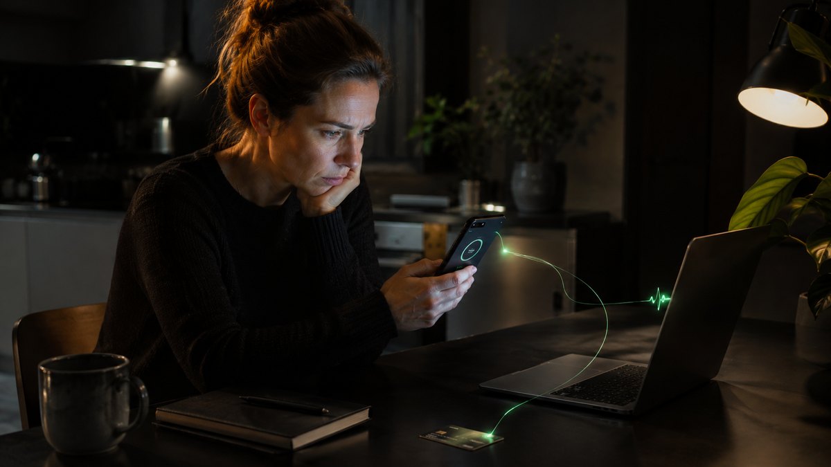 Kobieta wieczorem z telefonem, zielona linia łączy telefon, laptop i kartę płatniczą - presja czasu i retargeting