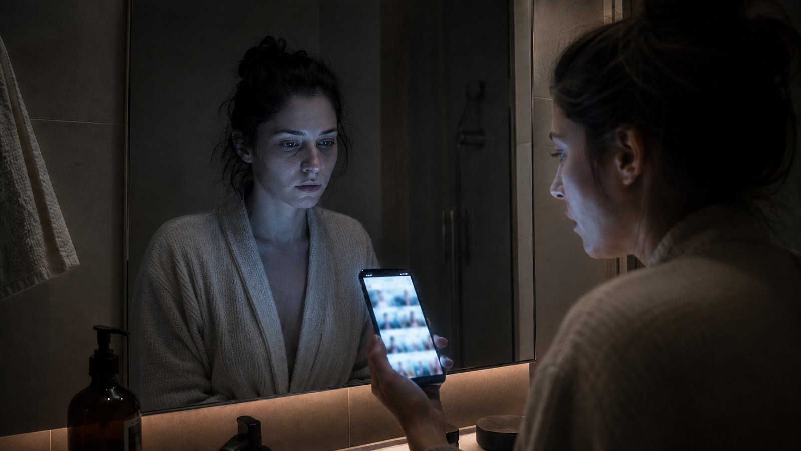 Kobieta w szlafroku stoi nocą przed lustrem w łazience i patrzy w telefon z siatką zdjęć - porównywanie się i samoocena