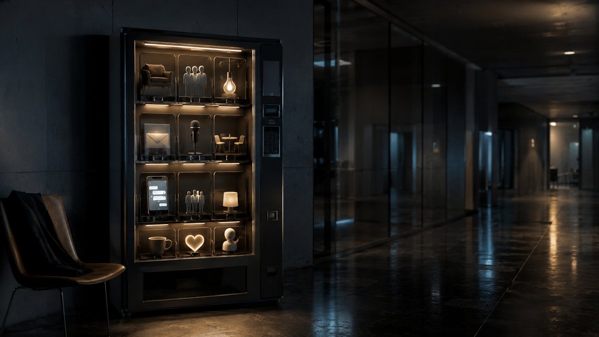 Automat sprzedający w ciemnym korytarzu z ludzkimi rzeczami za szybą: fotelem, figurkami ludzi, kopertą, mikrofonem, telefonem i świecącym sercem - samotność jako produkt