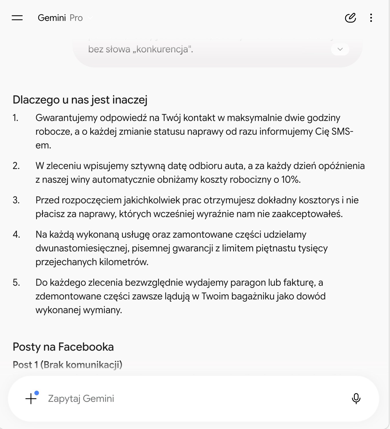 Odpowiedź Gemini: sekcja na stronę Dlaczego u nas jest inaczej oraz trzy posty na Facebooka