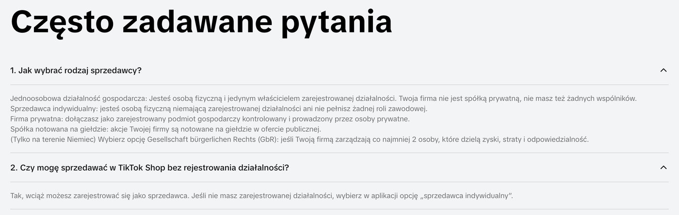 Często zadawane pytania na stronie rejestracji TikTok Shop: rodzaje sprzedawców i odpowiedź, że bez zarejestrowanej działalności można wybrać opcję sprzedawca indywidualny
