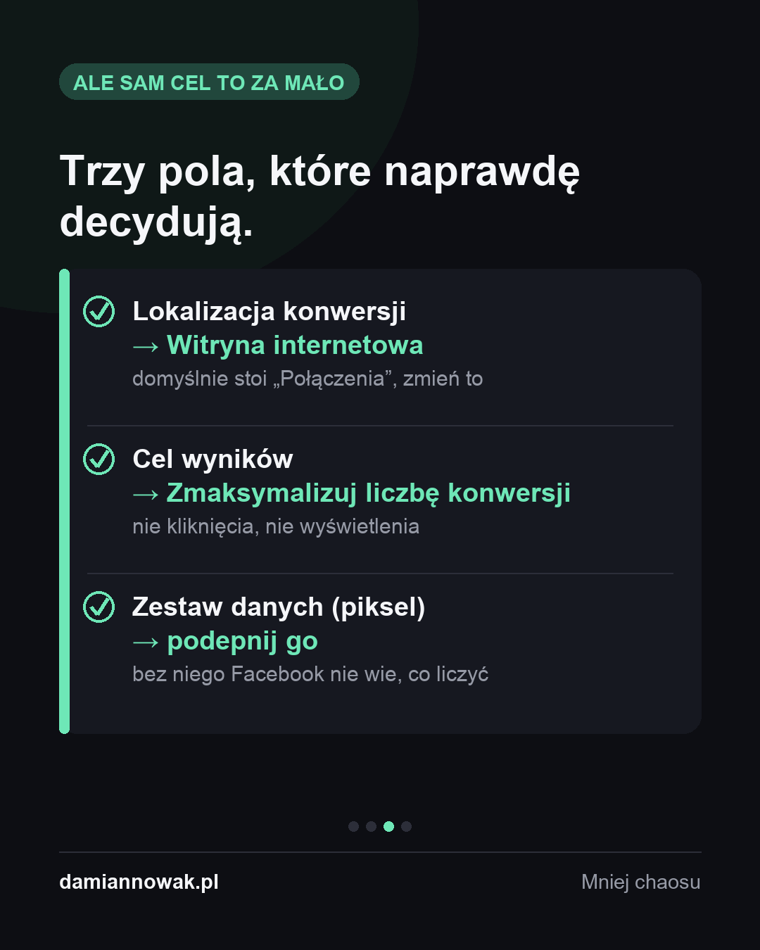 Trzy pola w sekcji Konwersja: Lokalizacja konwersji ustawiona na Witryna internetowa, Cel wyników na Zmaksymalizuj liczbę konwersji, oraz wymagany Zestaw danych (piksel).