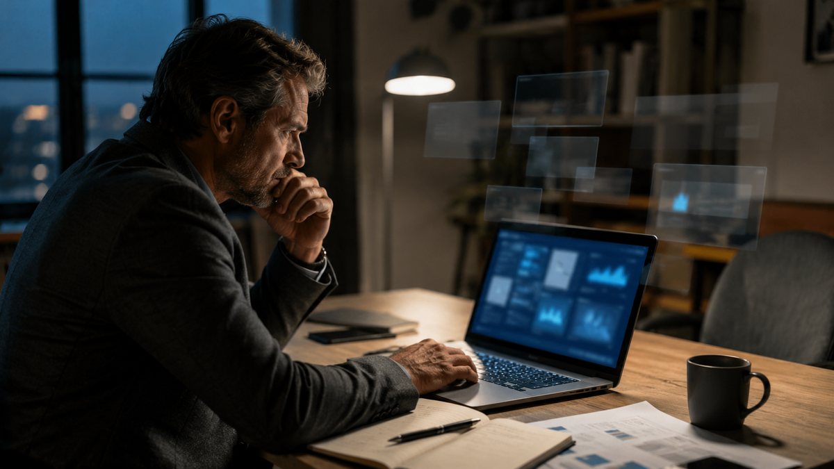 Przedsiębiorca późnym wieczorem analizuje dane na laptopie, zamyślony, dłoń przy twarzy - zmęczenie decyzyjne i podatność na prostą obietnicę